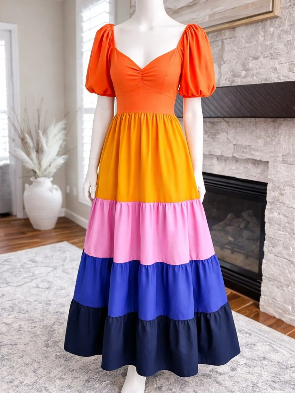 FARM Rio Anthropologie Colorblock Tiered Maxi Dress XS Puff Sleeve - Picture 2 of 6